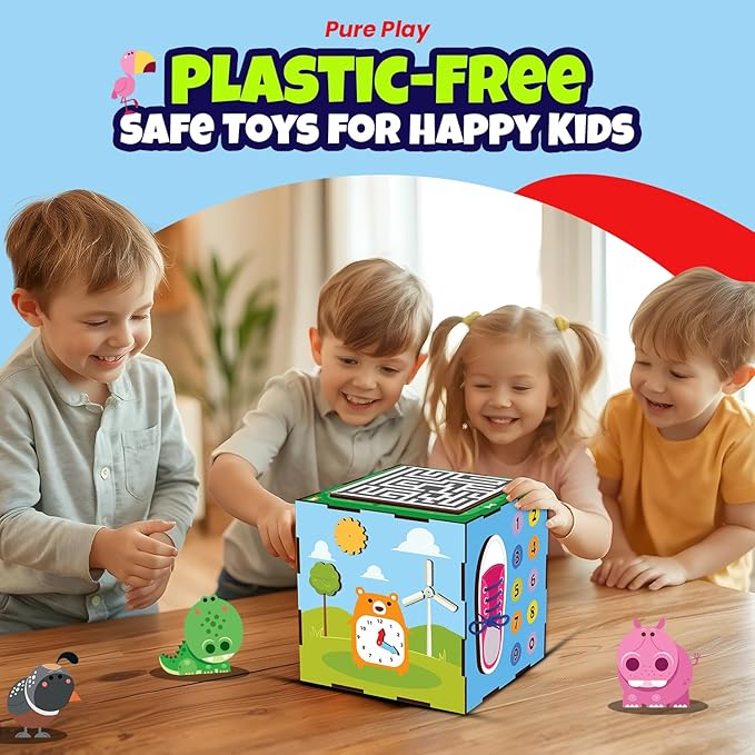 Group of happy children playing with a colorful, eco-friendly wooden activity cube featuring a demo clock, shoelace practice, and maze puzzle; banner reads “Pure Play - Plastic-Free Safe Toys for Happy Kids.”