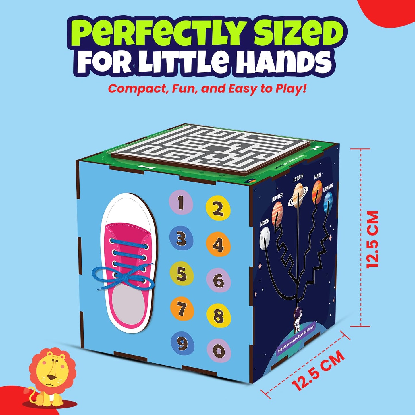 Illustration of a compact 12.5 cm x 12.5 cm activity cube for toddlers, featuring a shoelace tying panel, number buttons, a maze game, and a solar system puzzle, with text highlighting it as “Perfectly Sized for Little Hands.”