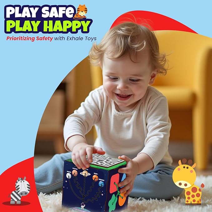 Smiling toddler playing joyfully with a colorful educational activity cube, featuring a solar system maze and shape puzzles, with text above reading “Play Safe, Play Happy -Prioritizing Safety with Exhale Toys” and playful zebra and giraffe illustrations.
