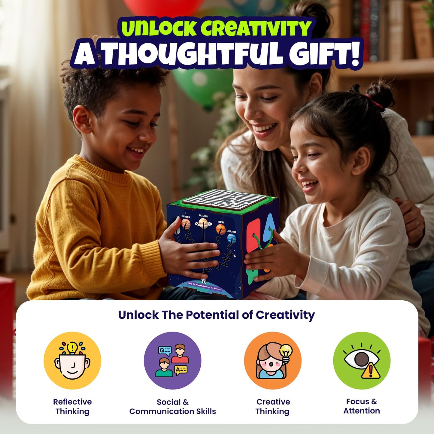 Happy children and a smiling woman engaging with a colorful educational activity cube, with text above reading “Unlock Creativity - A Thoughtful Gift!” and icons below highlighting benefits like reflective thinking, social skills, creative thinking, and focus.
