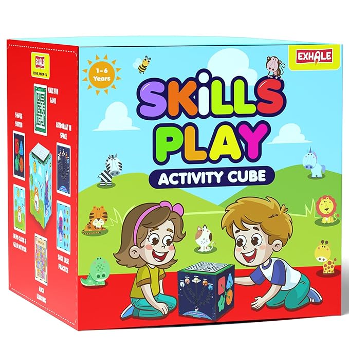 Packaging of "Skills Play Activity Cube" by Exhale, designed for children aged 1-6 years, featuring playful illustrations of kids, animals, and activities like shape sorting, maze fun, and space themes for early skill development.