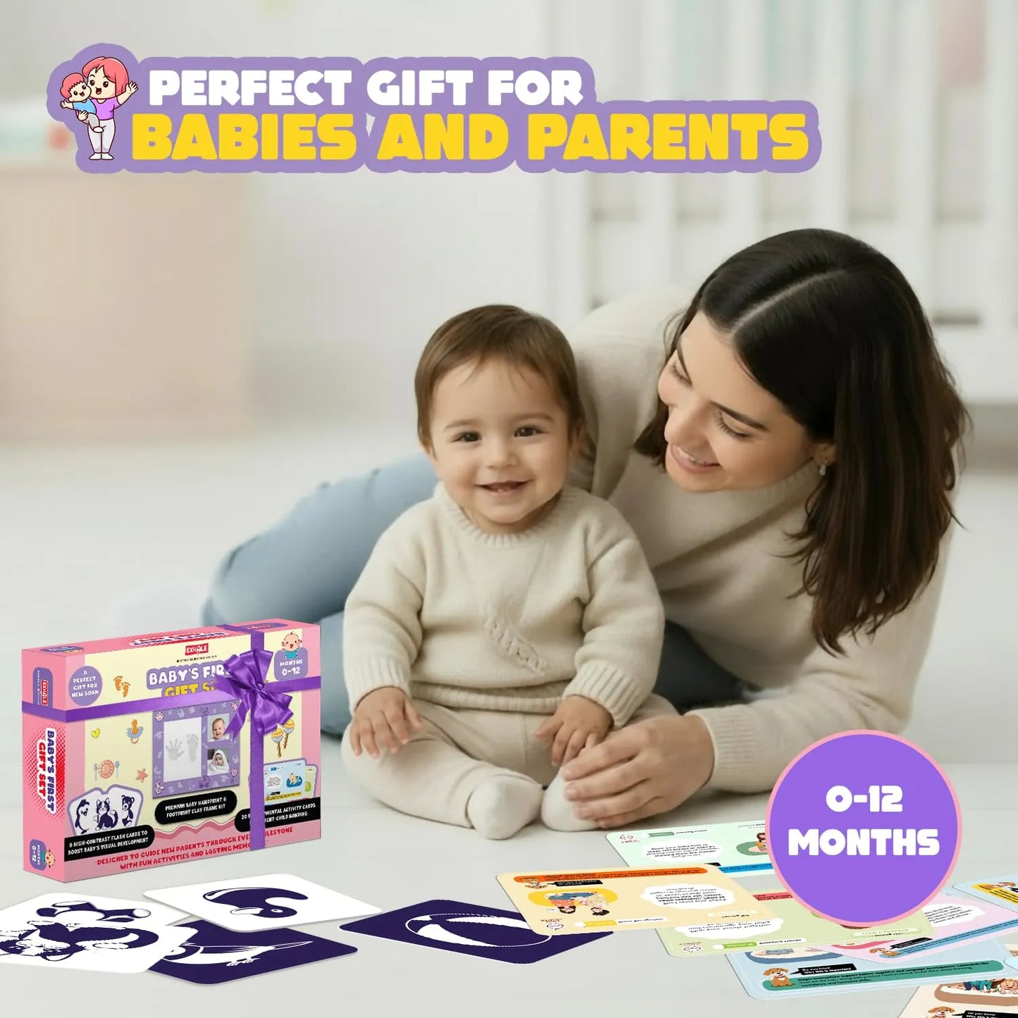 Woman and baby with educational toys and materials, labeled 'Perfect Gift for Babies and Parents'.