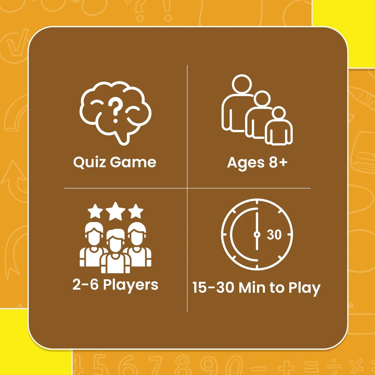 Game box with icons and text indicating a quiz game suitable for ages 8 and up, with 2-6 players and a playtime of 15-30 minutes.