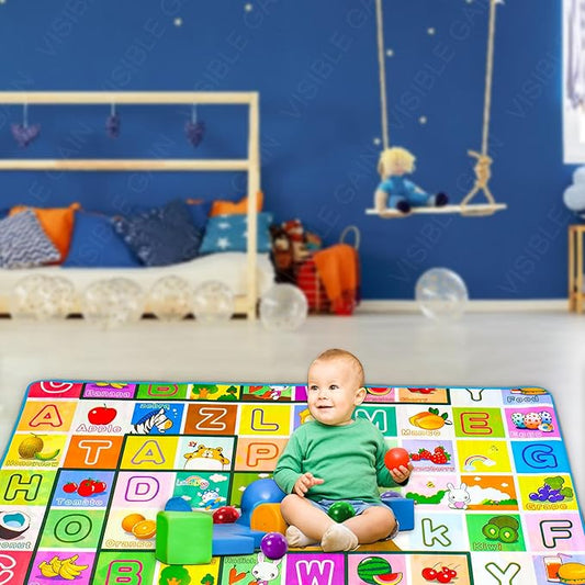 Smiling baby playing with colorful toys on an alphabet-themed educational playmat in a cozy, vibrant nursery room with a swing and decorative cushions.