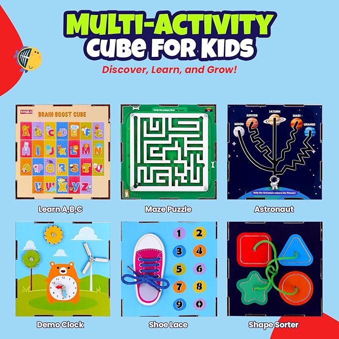 Colorful infographic showing the features of the Multi-Activity Cube for Kids by Exhale, including panels for learning ABCs, a maze puzzle, astronaut-themed space activity, demo clock, shoelace tying, and shape sorting, with the tagline “Discover, Learn, and Grow!”