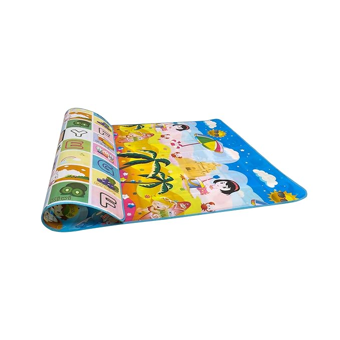 Colorful double-sided baby play mat partially rolled to reveal one side with beach-themed illustrations and the other with alphabet blocks and fruits, designed for fun and educational play.