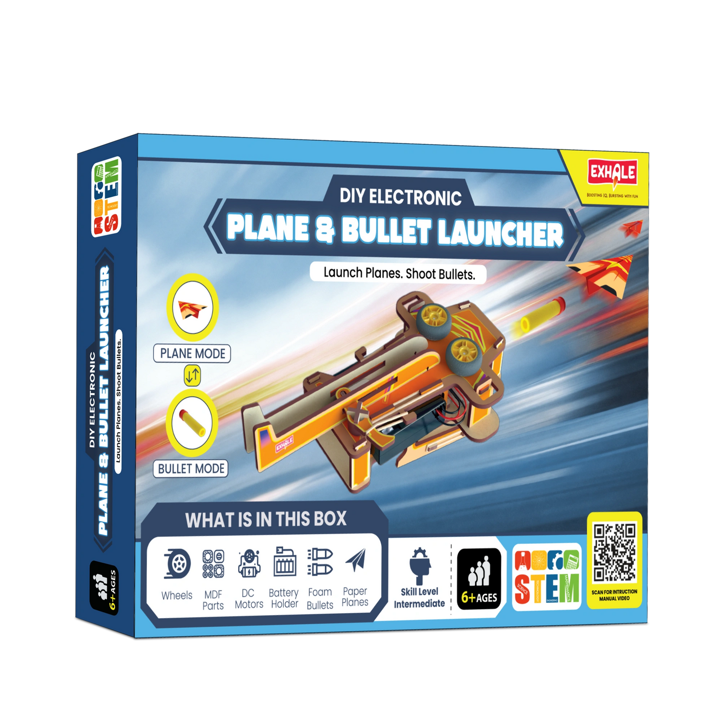 DIY Electronic Plane & Foam Bullet Launcher STEM Kit for Kids Ages 6+ | 2-in-1 Airplane Launcher & Soft Bullet Shooter | Build-It-Yourself Engineering Toy with Motors, MDF Parts, Paper Planes & Foam Darts