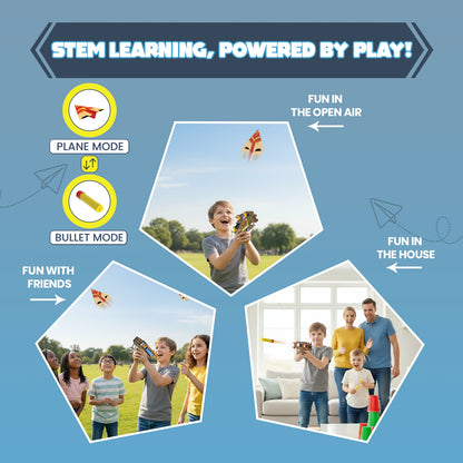 DIY Electronic Plane & Foam Bullet Launcher STEM Kit for Kids Ages 6+ | 2-in-1 Airplane Launcher & Soft Bullet Shooter | Build-It-Yourself Engineering Toy with Motors, MDF Parts, Paper Planes & Foam Darts