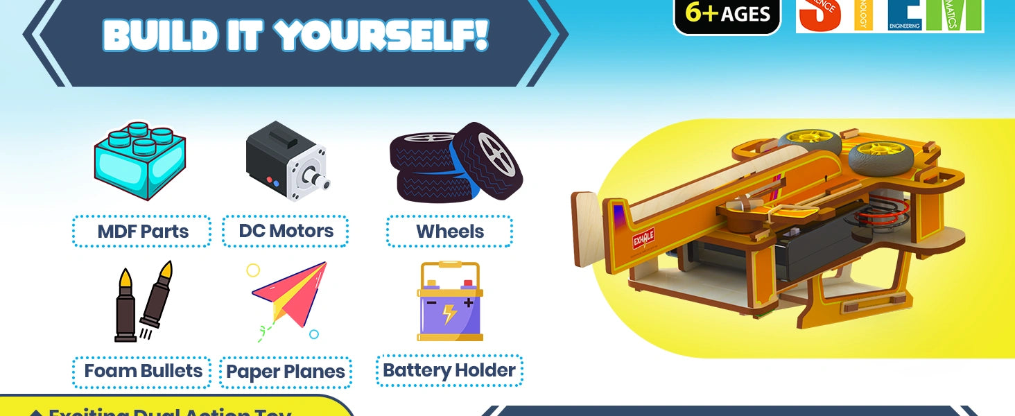 DIY Electronic Plane & Foam Bullet Launcher STEM Kit for Kids Ages 6+ | 2-in-1 Airplane Launcher & Soft Bullet Shooter | Build-It-Yourself Engineering Toy with Motors, MDF Parts, Paper Planes & Foam Darts A+ Image 4