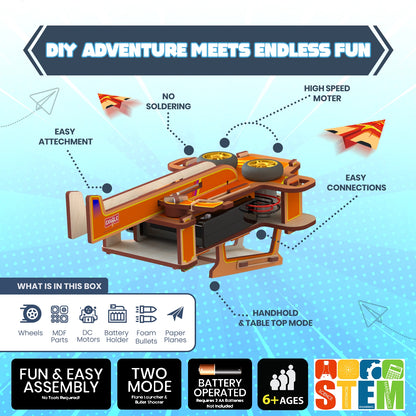 DIY Electronic Plane & Foam Bullet Launcher STEM Kit for Kids Ages 6+ | 2-in-1 Airplane Launcher & Soft Bullet Shooter | Build-It-Yourself Engineering Toy with Motors, MDF Parts, Paper Planes & Foam Darts