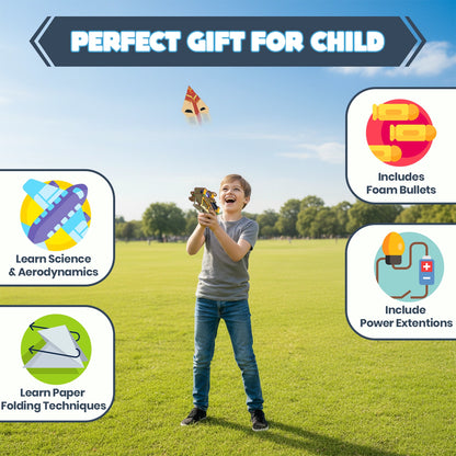 DIY Electronic Plane & Foam Bullet Launcher STEM Kit for Kids Ages 6+ | 2-in-1 Airplane Launcher & Soft Bullet Shooter | Build-It-Yourself Engineering Toy with Motors, MDF Parts, Paper Planes & Foam Darts