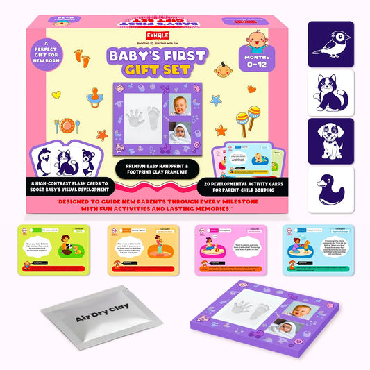 Exhale Baby's First Gift Set packaging with flash cards and footprint clay frame kit on a white background