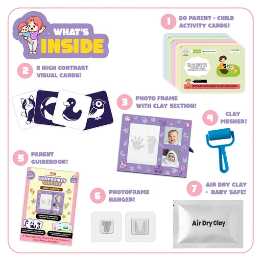 Baby activity kit with various items including cards, photo frame, and air dry clay on a white background.