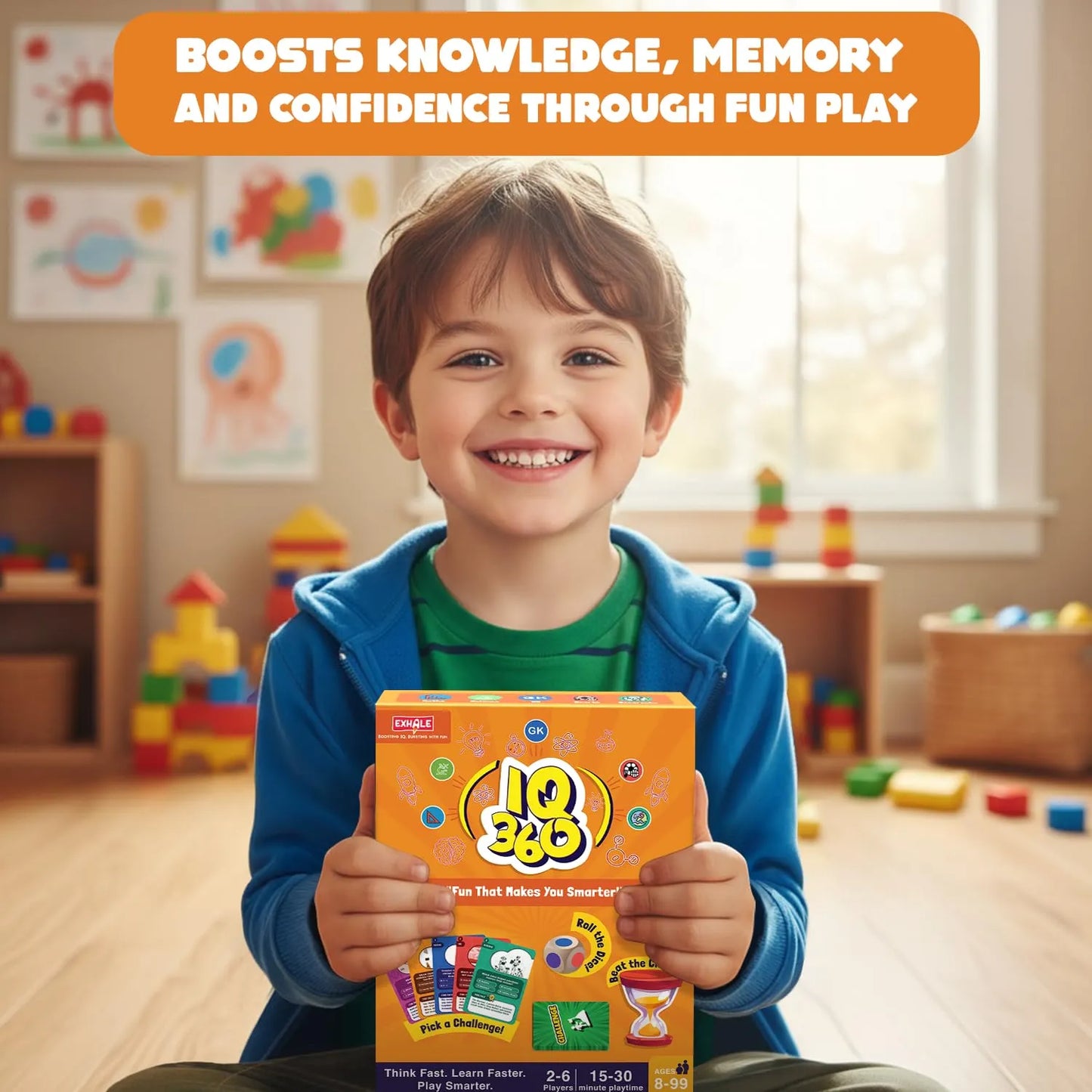 Child holding a 'IQ 360' educational game box in a playroom setting