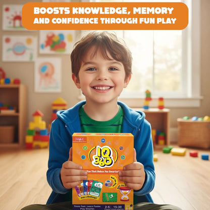 Child holding a 'IQ 360' educational game box in a playroom setting