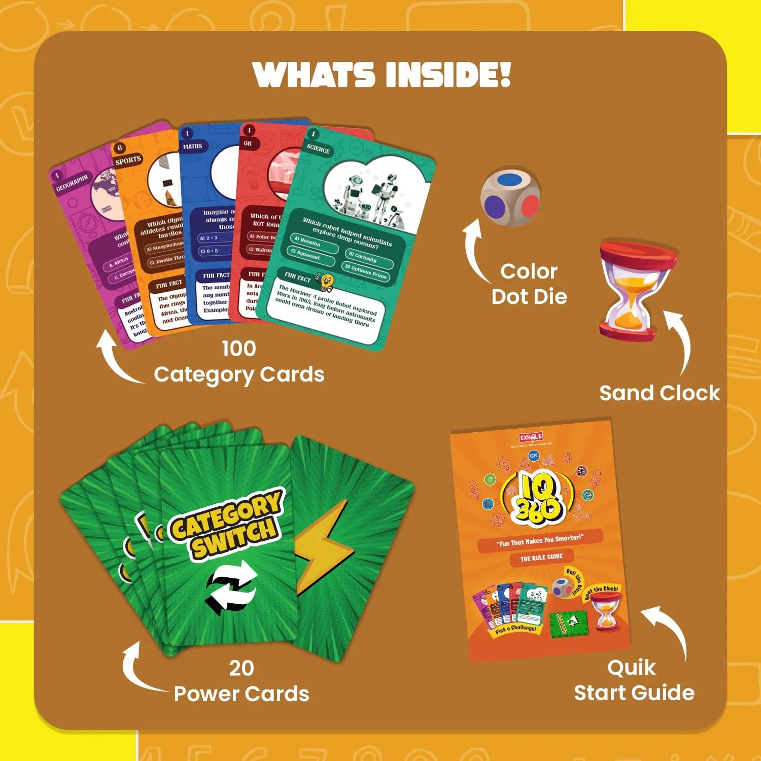 Card game components including category cards, power cards, a color dot die, sand clock, and quick start guide on a brown background.