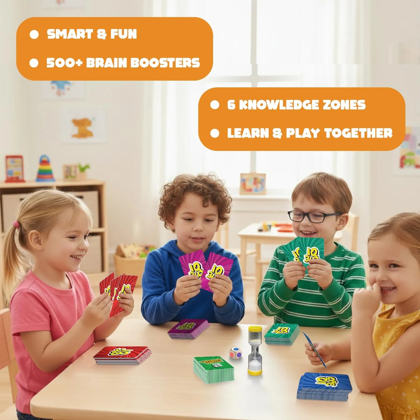 Children playing with educational cards in a classroom setting