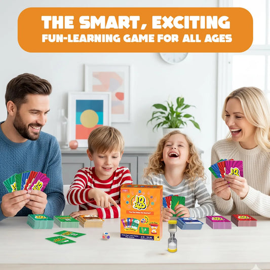 Family playing a card game together with colorful cards and a box labeled '1000000' on a table.