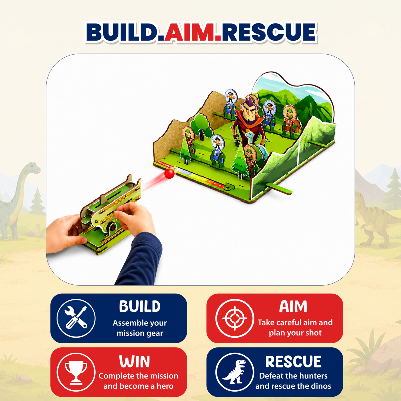 EXHALE DIY Dino Rescue Mission STEM Toy for Kids Age 6-12 Years | Wooden Build & Shoot Target Game | DIY Assembly Educational Board Game | Screen-Free Family Game | Birthday Gift for Boys & Girls