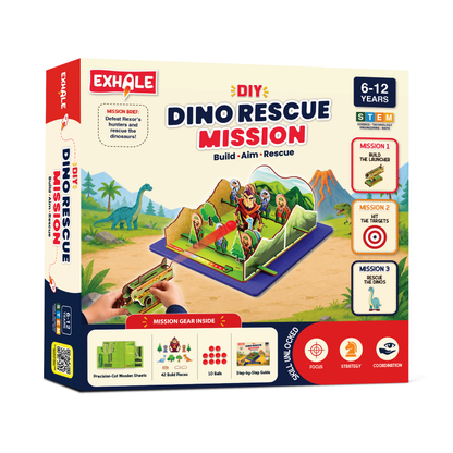EXHALE DIY Dino Rescue Mission STEM Toy for Kids Age 6-12 Years | Wooden Build & Shoot Target Game | DIY Assembly Educational Board Game | Screen-Free Family Game | Birthday Gift for Boys & Girls